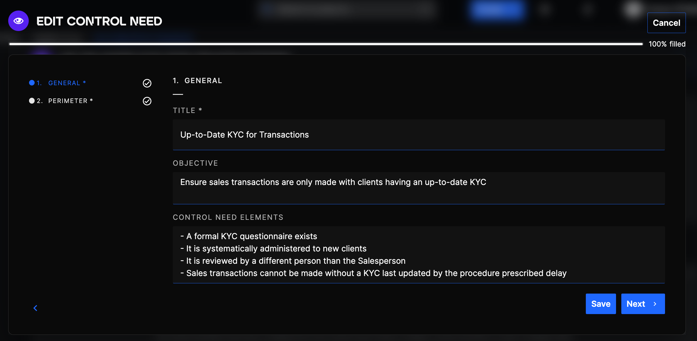 Create Control Need form