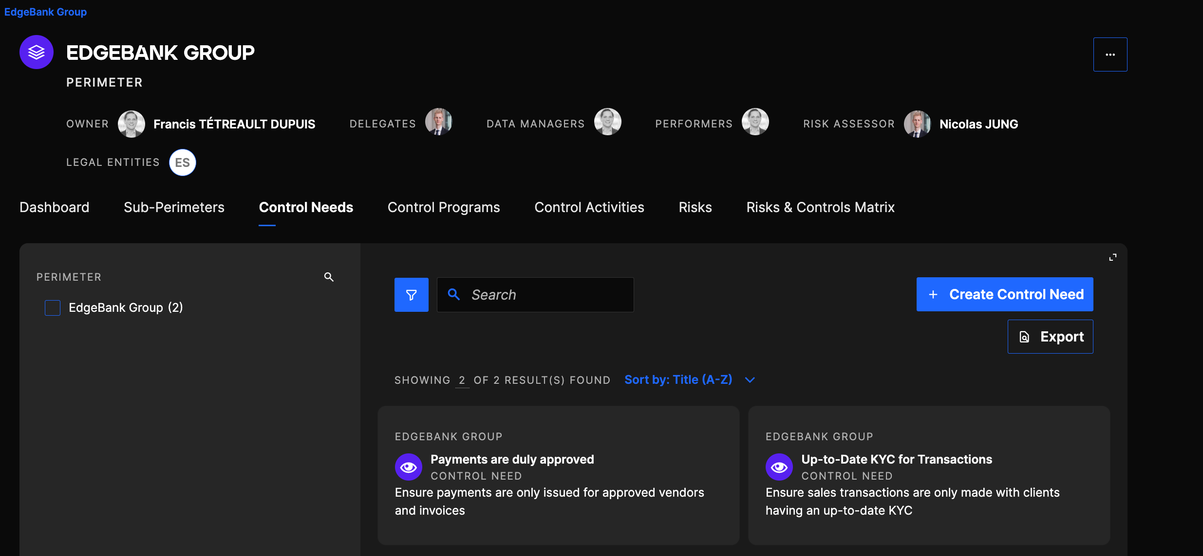 Control Needs tab in Perimeter